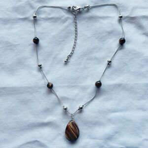 Tiger’s Eye Teardrop Necklace Silver Tone Adjustable 17–20”